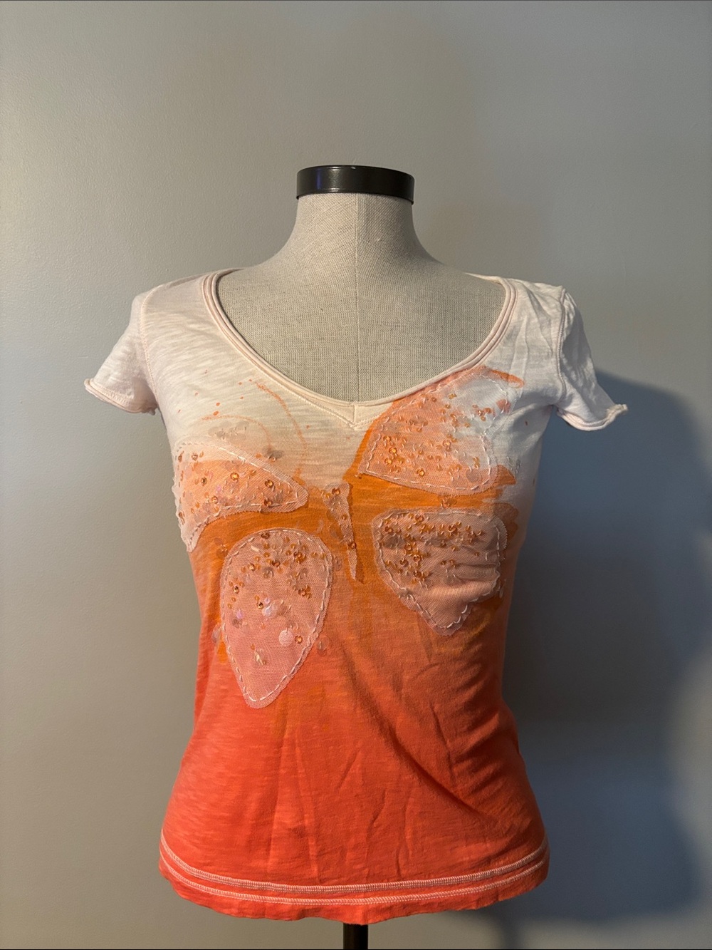 Aeropostale Orange to White Ombre V-Neck Tee with Beaded Appliqué
